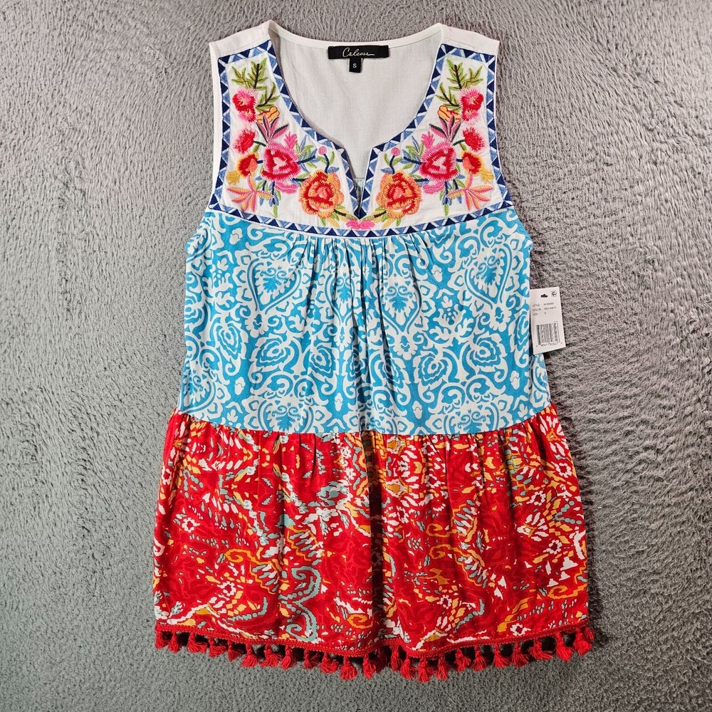 NWT Calessa Sleeveless Top Blouse Small Colorful Floral Embroidered Fringe